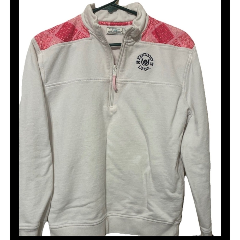 Vineyard Vines Kentucky Derby 2018 Quarter Zip Pullover White Pink Patchwork S